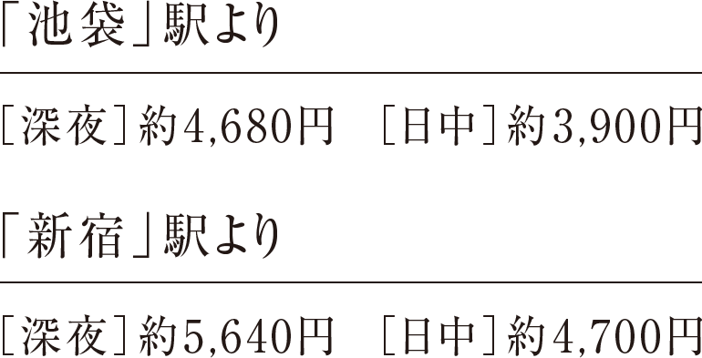 池袋駅より [深夜] 約4,680円 [日中] 約3,900円、新宿駅より [深夜] 約5,640円 [日中] 約4,700円