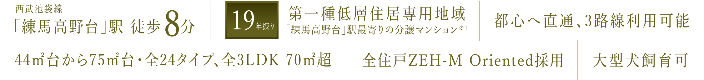 西武池袋線「練馬高野台」駅 徒歩8分｜【19年振り】第一種低層住居専用地域 「練馬高野台」駅最寄りの分譲マンション※1｜都心へ直通、3路線利用可能｜44㎡台から75㎡台・全24タイプ、全3LDK 70㎡超｜全住戸ZEH-M Oriented採用｜大型犬飼育可